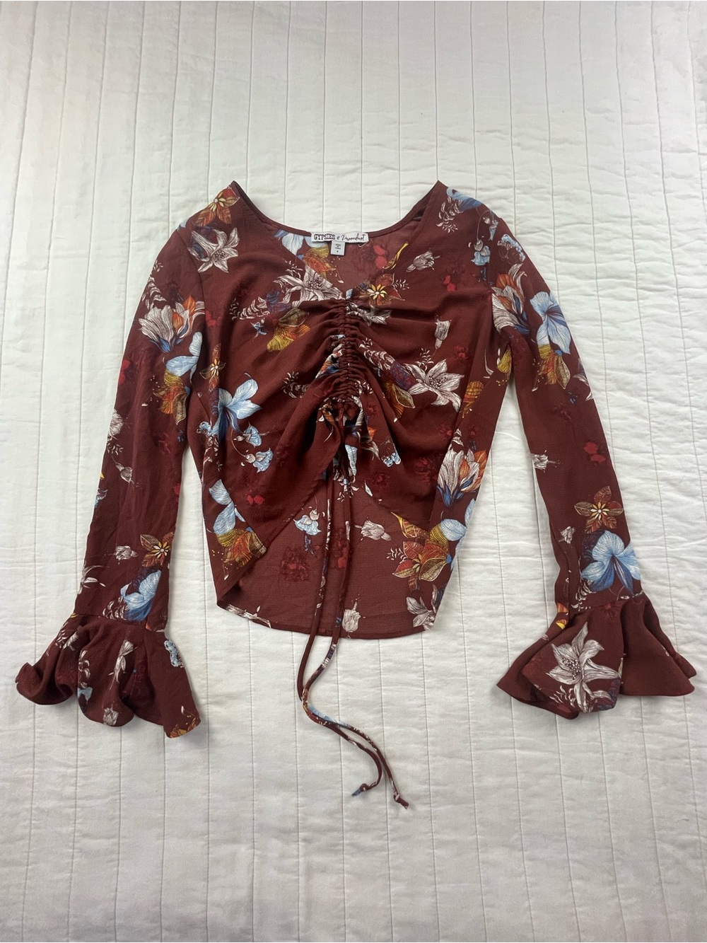 Gypsies & Moondust Rust Floral Ruched Long-Sleeve Top Small